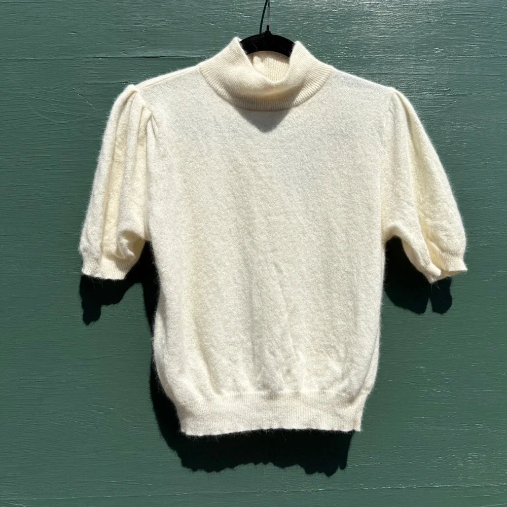 Cream Angora Lambswool Puff Sleeve Mock Neck Sweater Vintage 80s S Preppy Lux